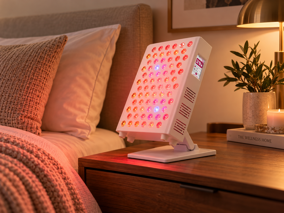 Vital Pro 2.0 targeted red light therapy panel lifestyle image with integrated tabletop stand