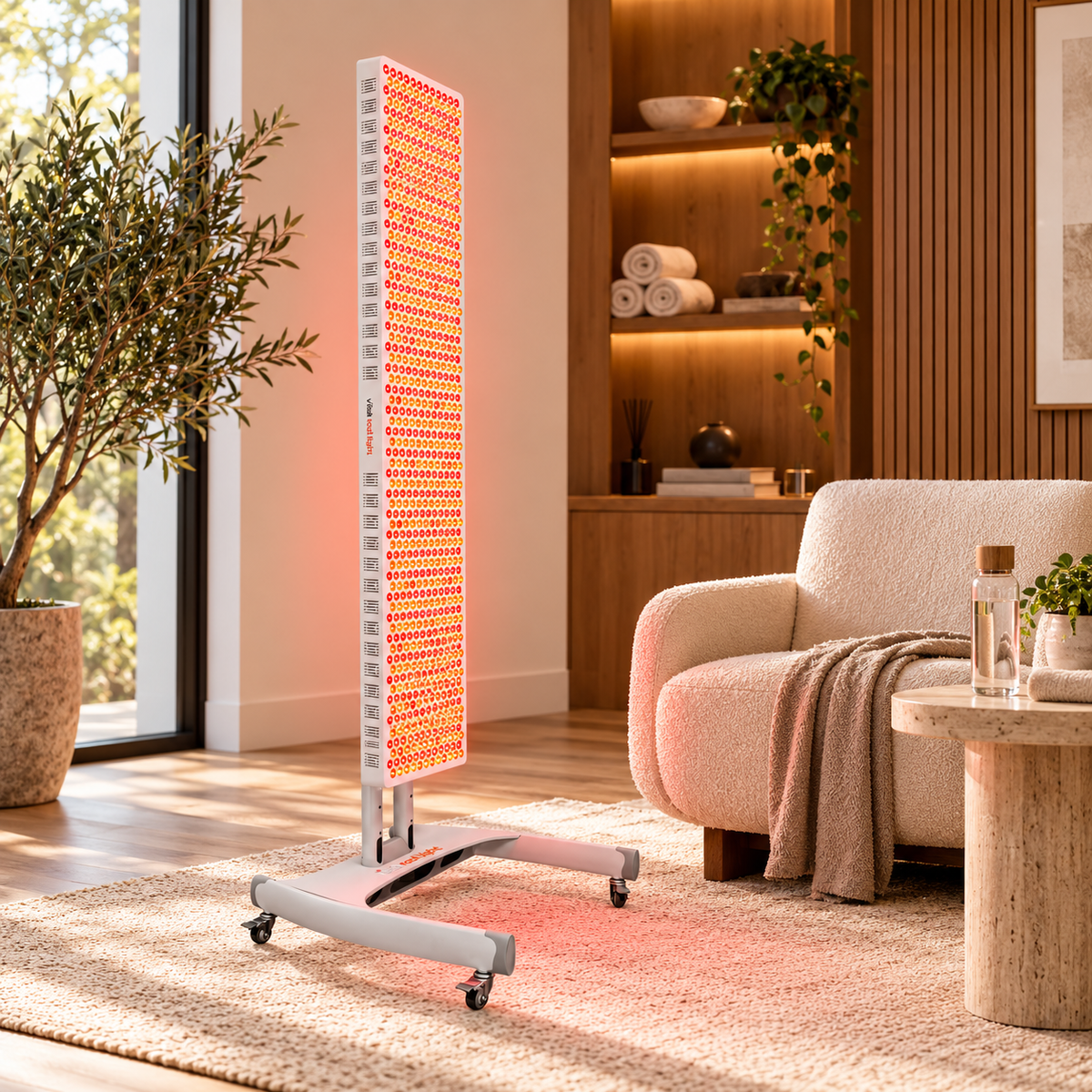 Vital Premier commercial full body red light therapy panel in a luxury wellness studio on optional stationary stand sold separately