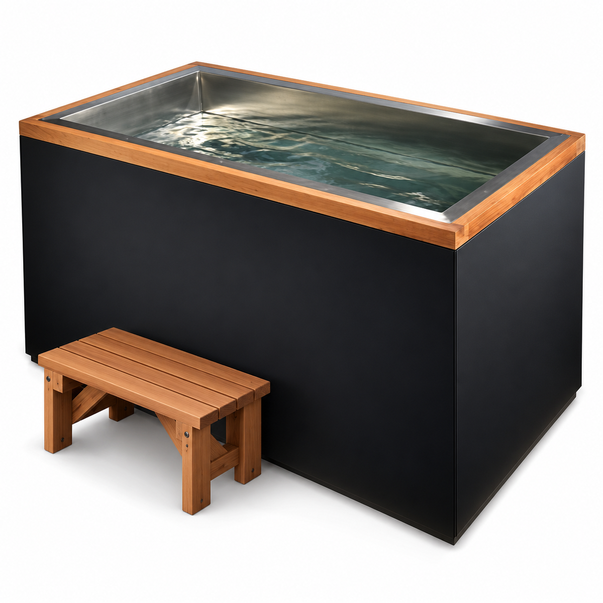 Dynamic Cold Therapy Cuboid Cold Plunge with black exterior and Pacific Cedar trim