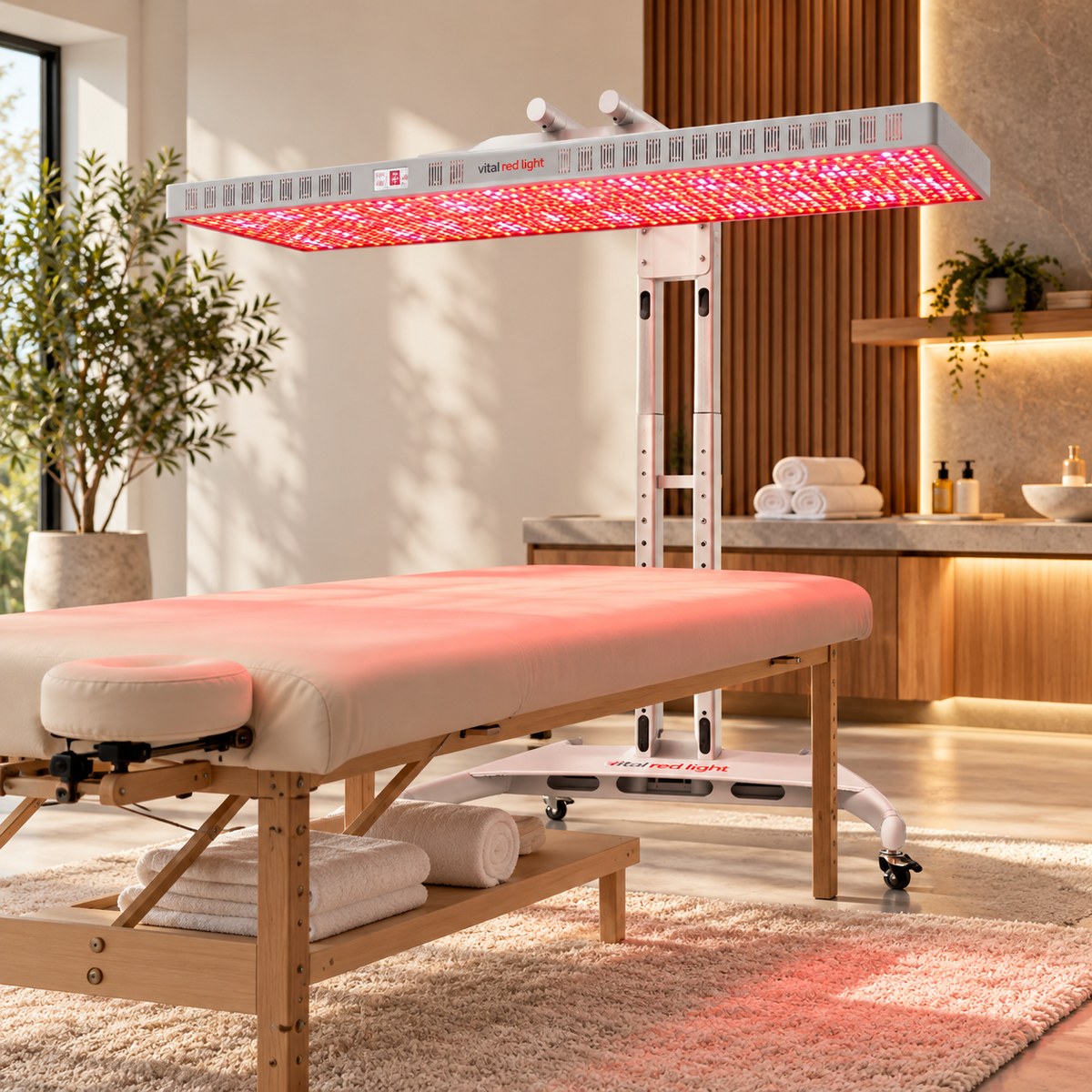 Vital Ultimate full body red light therapy panel in a premium wellness studio on optional stationary stand, vertical orientation