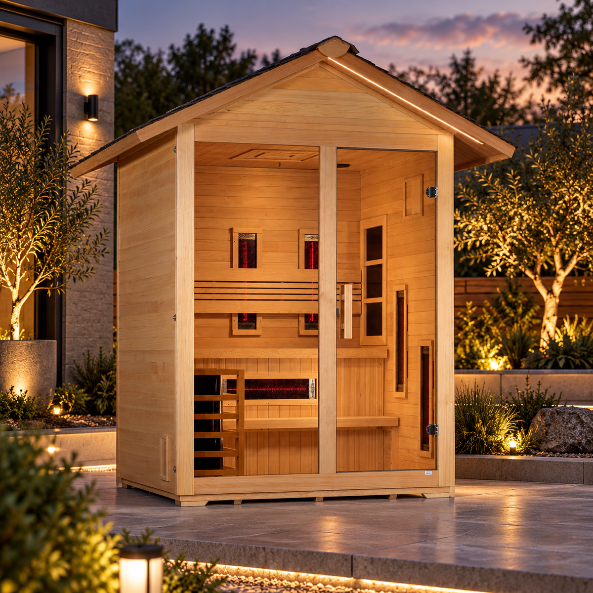 Golden Designs Carinthia GDI-8123-01 3-person outdoor hybrid sauna in a premium outdoor wellness setting