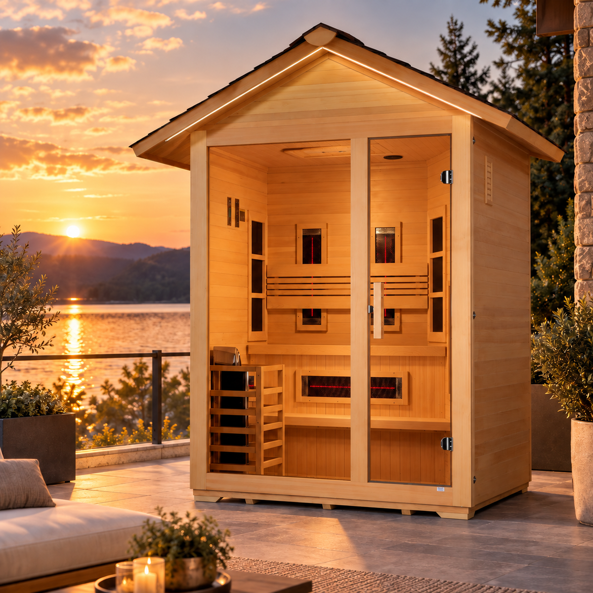 Golden Designs Carinthia GDI-8123-01 3-person outdoor hybrid sauna in a modern landscaped backyard at twilight