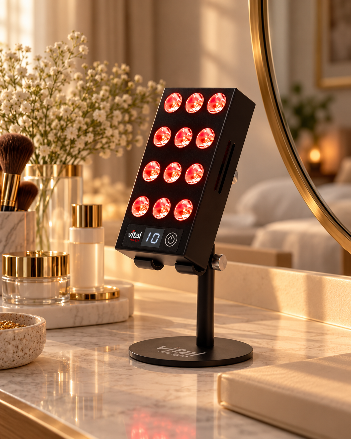 Vital Charge handheld red light therapy device in a home wellness lifestyle setting