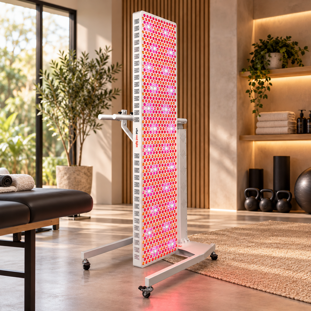 Vital Ultimate full body red light therapy panel above a treatment table on optional stationary stand, horizontal orientation