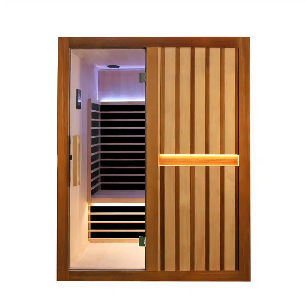 Bropool IS-1504 hemlock far-infrared sauna showing its wood and glass-front design