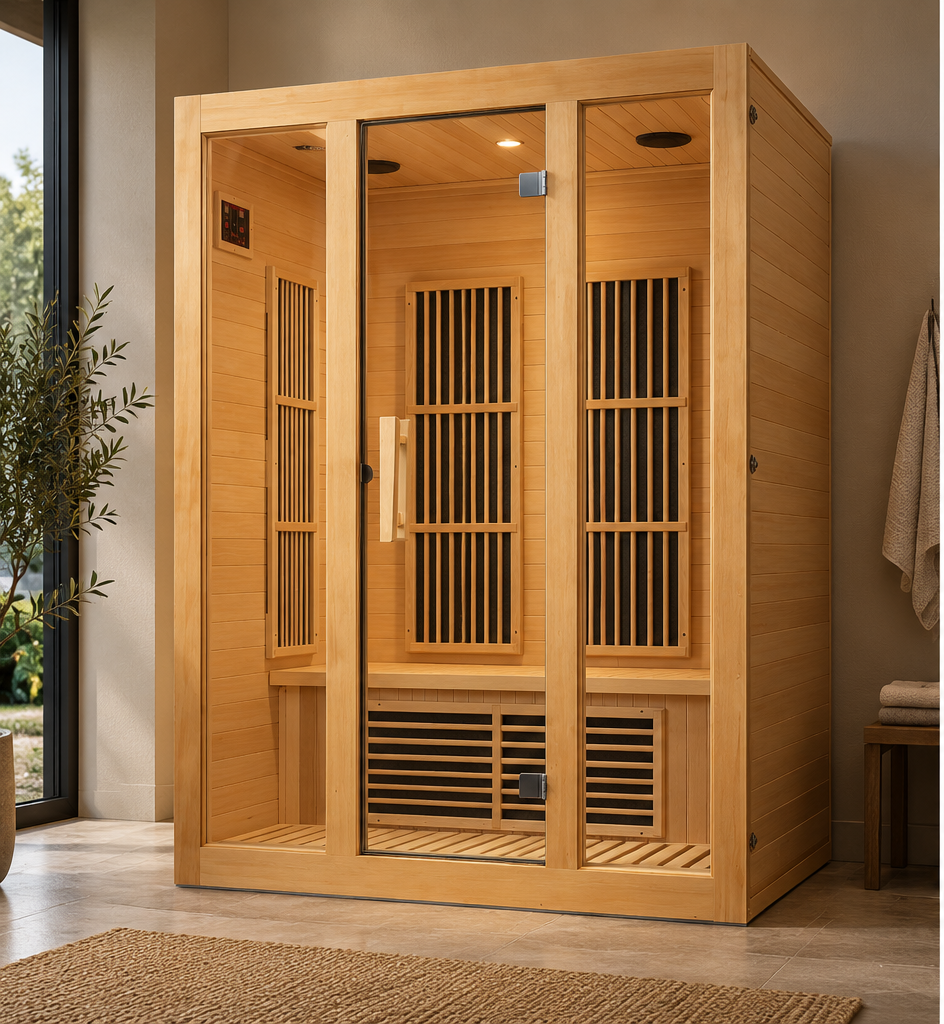 Maxxus Seattle MX-J206-01 2-person Low EMF FAR infrared sauna in a modern home wellness room, front-left view