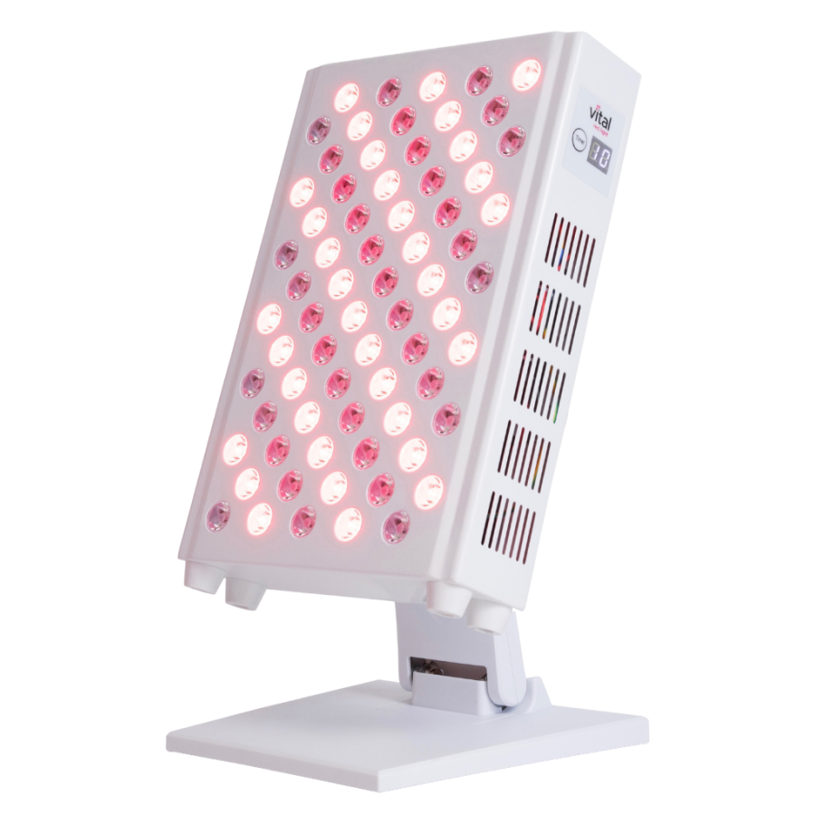 Vital Pro targeted red light therapy panel front view with integrated tabletop stand